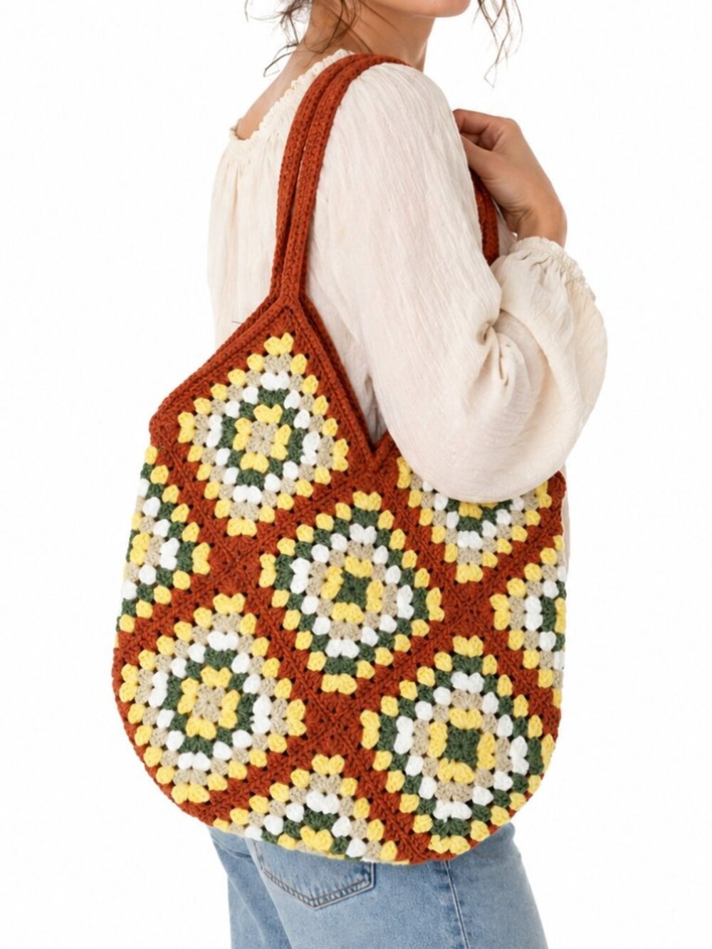 HANDMADE Granny Square Crochet Knit Tote Market Beach Bag Casual Boho Cottage